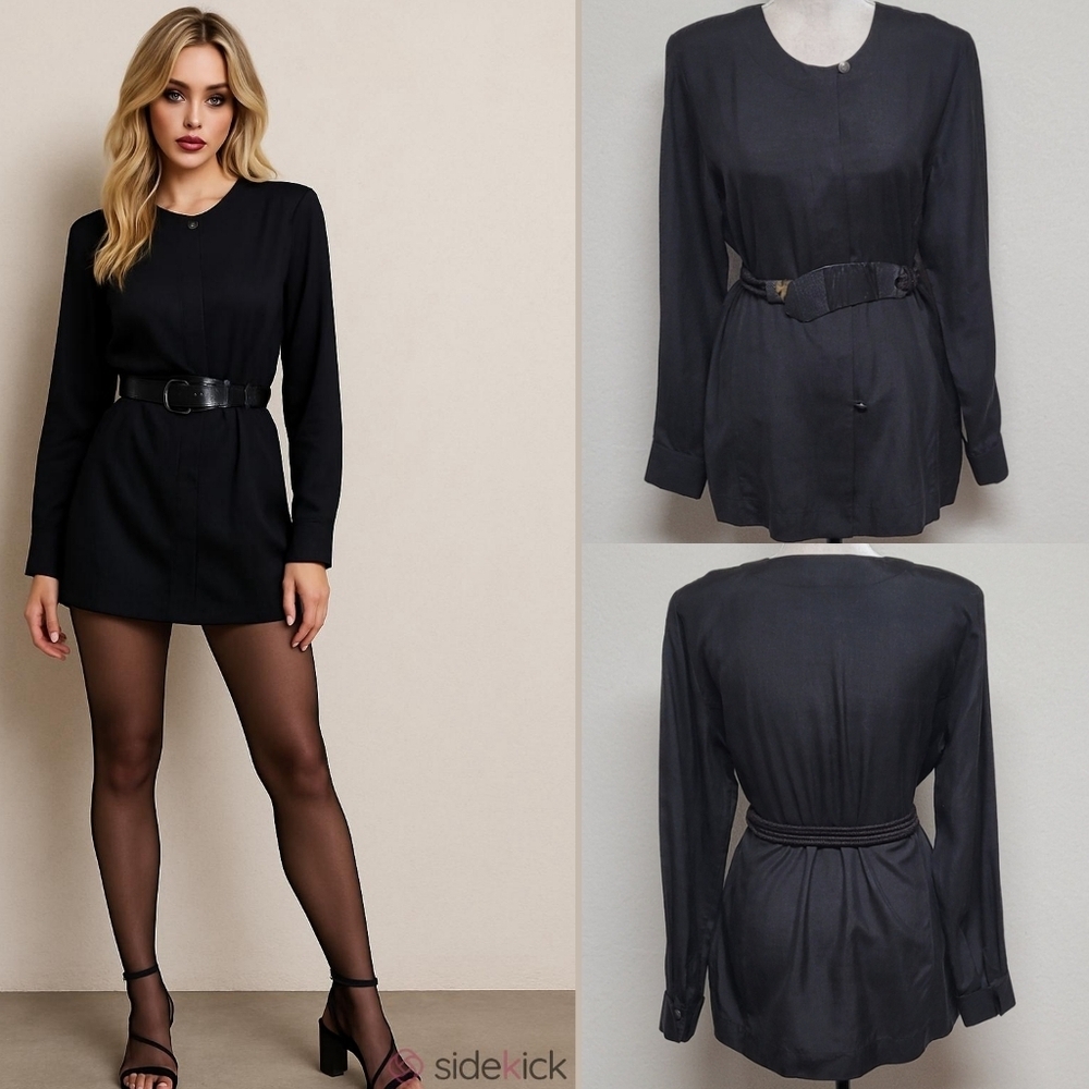 90s Vintage Christie & Jill Black Silk Mini Dress Leather Metal Stretchy Belt 8